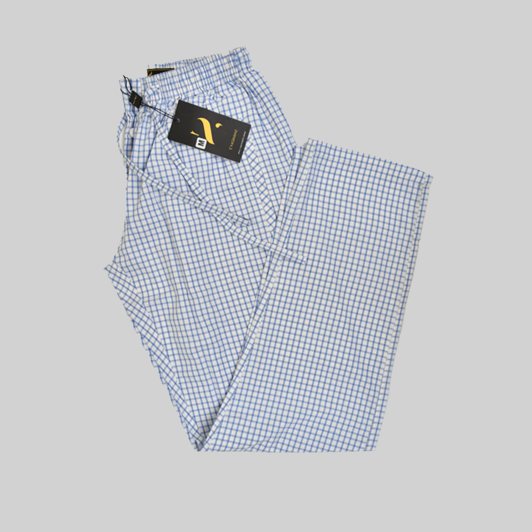 White Cotton Trouser With Blue Check